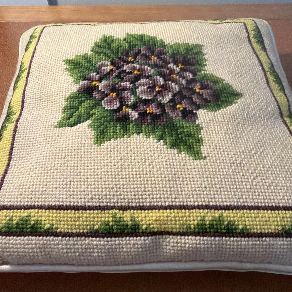 Vtg Needlepoint Pillow Purple Violets Zippered Cover Satin Backing 12x12